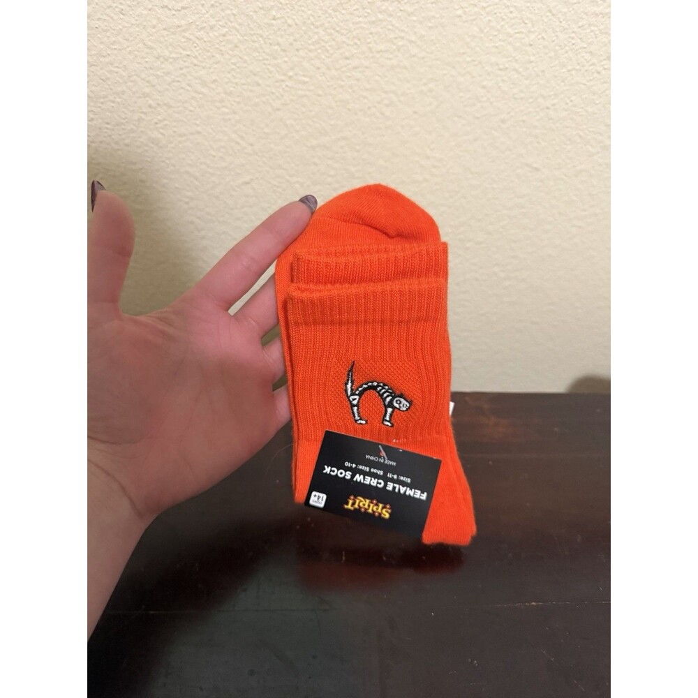Spirit Halloween Women’s Crew Socks Orange Skeleton Cat NWT